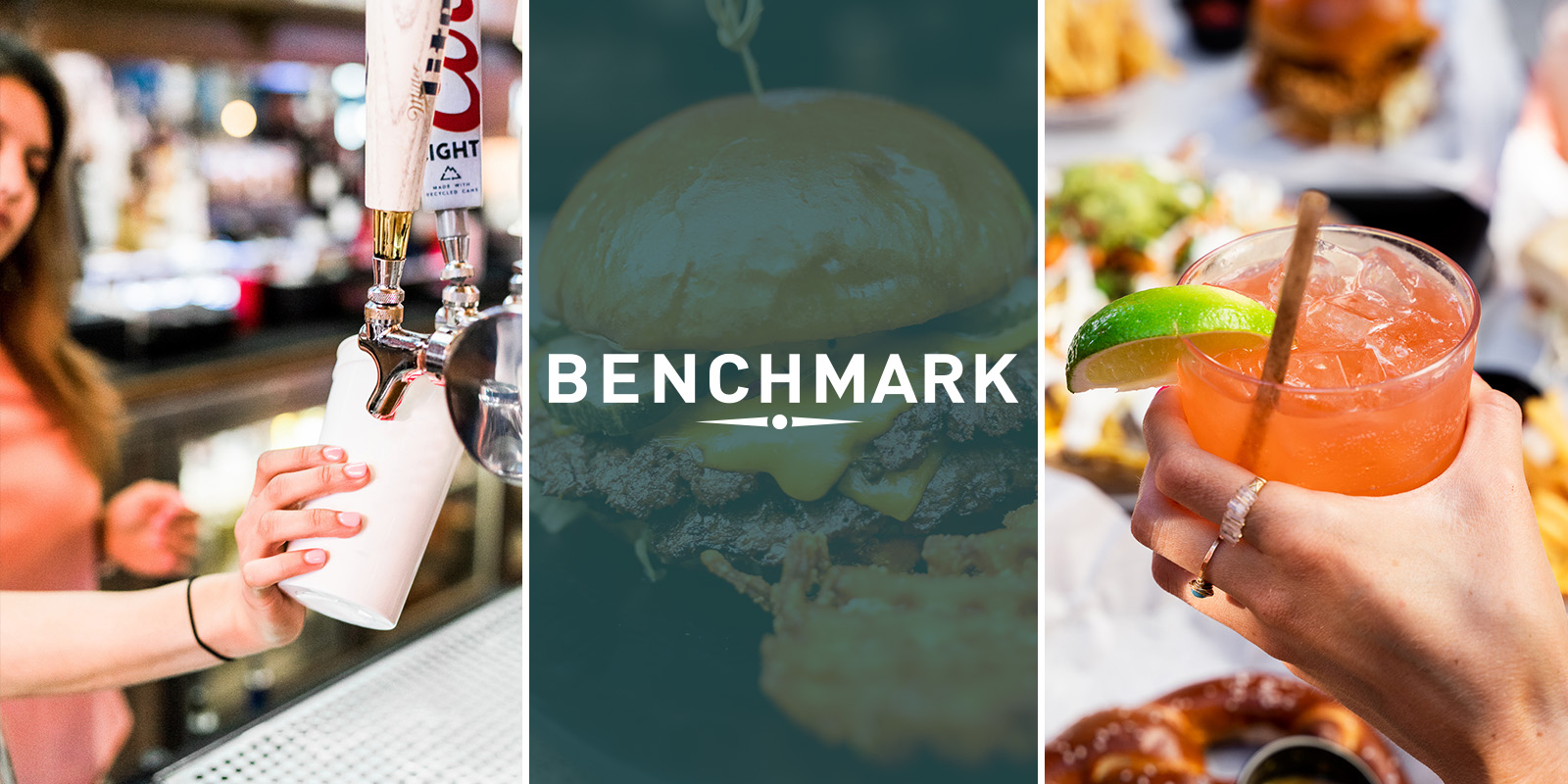 Benchmark Logo with photos of bar and drink